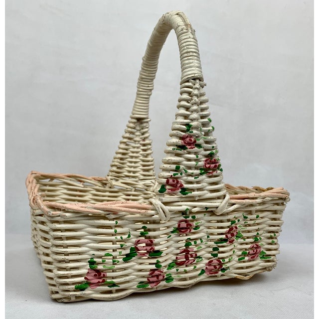 Shabby Chic Hand Woven Vintage White Wicker Handled Basket With Hand Painted Roses & Leaves For Sale - Image 3 of 8
