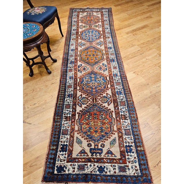 Vintage Persian Serab Runner, Hand-Knotted Wool, Geometric Medallion Pattern, Ivory & Blue, 3x11 For Sale - Image 4 of 14