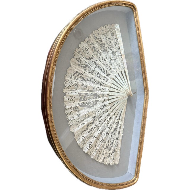 Mid 19th Century Victorian French Alençon Lace and Mother of Pearl Fan in Shadow Box Frame For Sale - Image 5 of 11