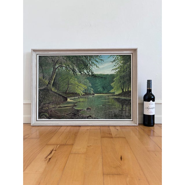 Vintage Woodland Lake Oil Painting, Forest Landscape Art - Signed For Sale - Image 11 of 14