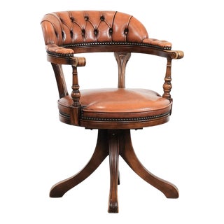 English Style Cowhide and Wood Chesterfield Office Chair with Decorative Nails For Sale