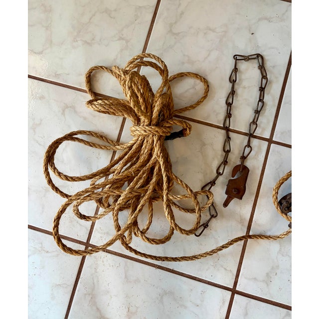Antique Industrial Block and Tackle Manual Pulley and 50 Foot Rope Rigging System- Farm, Marine, Industrial For Sale - Image 4 of 7