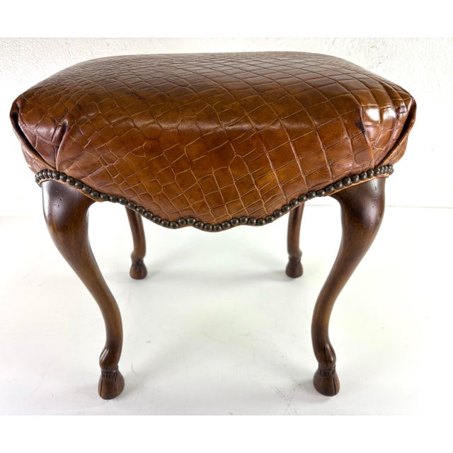 Ralph Lauren Regency Inspired Leather and Walnut Vanity Bench For Sale - Image 12 of 12