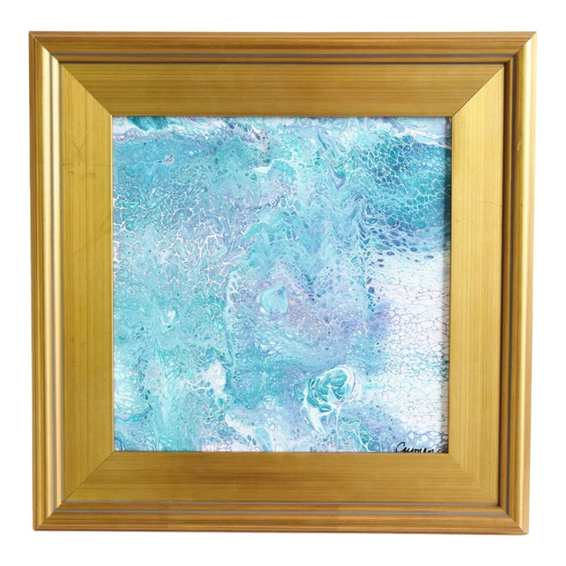 Original Contemporary Modern Abstract Marbleized Art Painting Including the Antiqued Gold Wood Frame For Sale