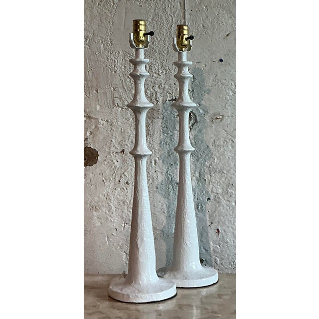Hollywood Regency Vintage Boho Painted Metal Spool Lamps - A Pair For Sale - Image 3 of 7
