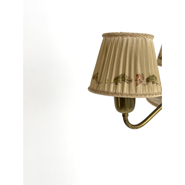 1950s Swedish Brass Chandelier with Original Pleated Silk Shades, 1950 For Sale - Image 5 of 9