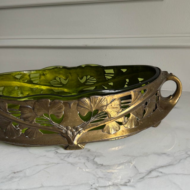 Gold Vintage Art Nouveau Centerpiece Bowl With Green Glass Insert and Flowing Lines & Ginkgo Leaf Motifs 18.75"x9.5"x4.25" For Sale - Image 8 of 13