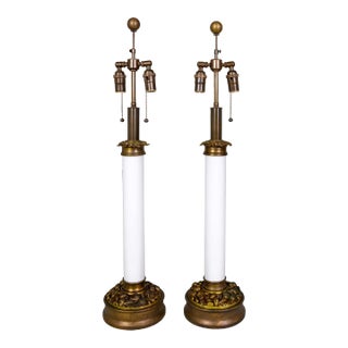 1940s Large Custom Milk Glass Table Lamps With Brass Foliate Bases by Paul Hanson Co. For Sale