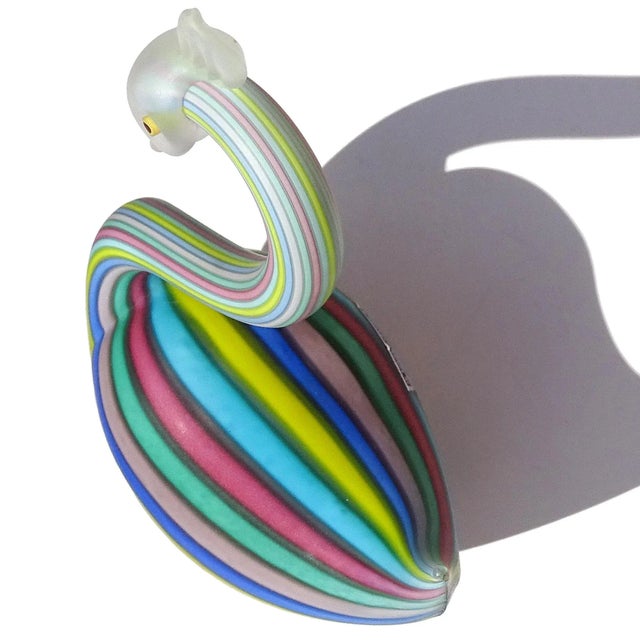 Glass Murano Fratelli Toso Vintage Rainbow Colors Filigrana Ribbons Italian Art Glass Satin Surface Swan Figurine For Sale - Image 7 of 9