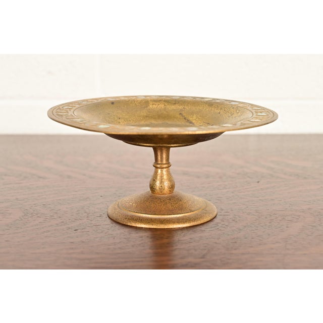 A gorgeous antique Arts & Crafts or Art Deco period gilt bronze pedestal bowl or compote dish with abalone inlay By...