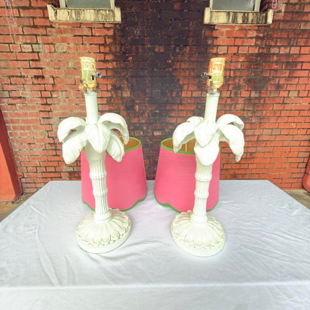 Dorothy Draper 1970s Palm Beach Regency White Palm Tree Table Lamps With Custom Scalloped Shades - A Pair Newly Painted For Sale - Image 4 of 13