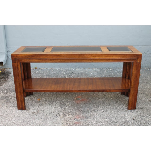 1960s Mid Century Modern Carved Walnut/ Glass Insert Console Table For Sale - Image 11 of 11