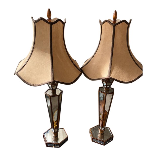 Hollywood Regency Mirrored Pagoda Style, Brass & Glass Accents Table Lamps, - a Pair For Sale