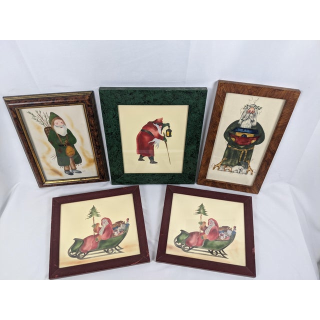 Vintage Theorem-Style Folk Art Santa Claus Christmas Wall Art – Set of 5 For Sale - Image 14 of 16