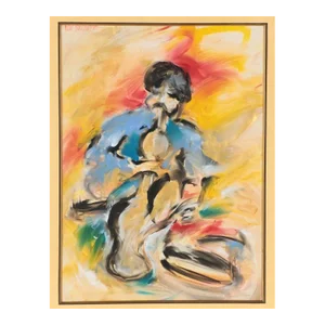 1990s Watercolor on Paper Thota Tharani Indian Multicolor Calligraphy Style Large Framed Painting