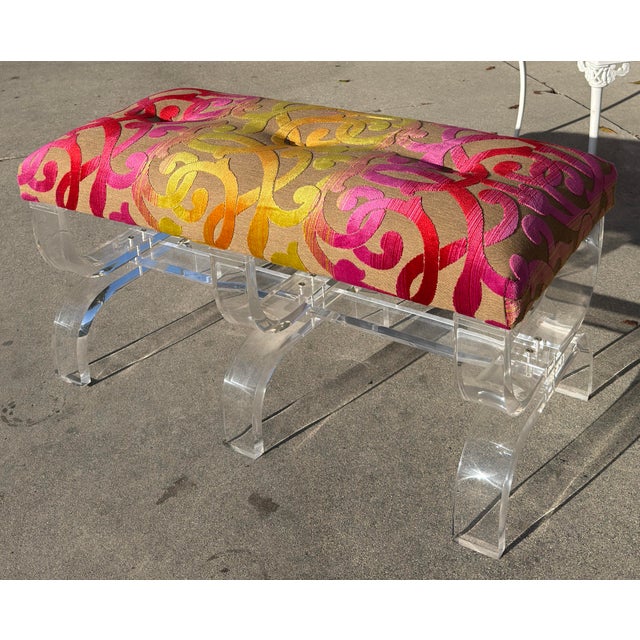 Scalamandre Cut Velvet Upholstered Phyllis Morris Lucite Bench For Sale In Los Angeles - Image 6 of 7