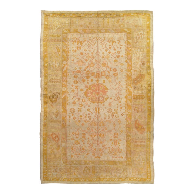 Antique Oushak Carpet, Handmade Oriental Rug, Pale Blue Green, Yellow, Coral Rug For Sale