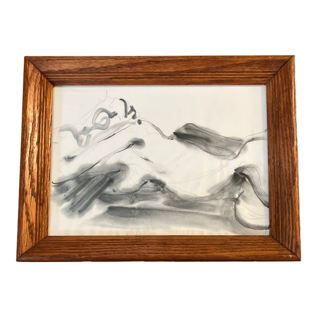 1970’s Original Abstract Female Nude Watercolor Painting Vintage Oak Frame For Sale