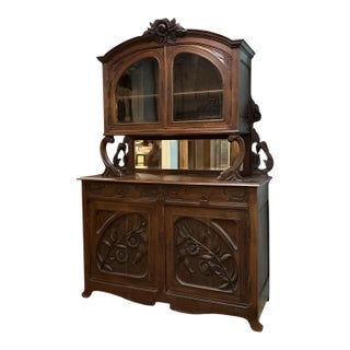 19th-C. French Organic Art Nouveau Carved Oak Floral China Cabinet / Sideboard / Hutch For Sale