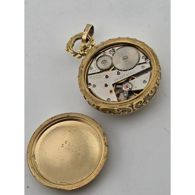 Gold Rare Vintage Ornate "Ernest Borel" 17 Jewel Gold Plated Pendant Watch Works For Sale - Image 8 of 16