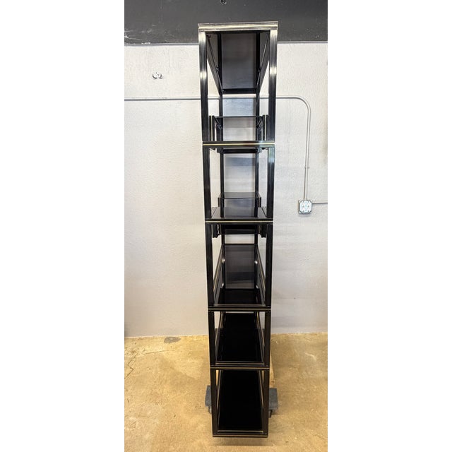 Mid-Century Modern 1970s Hollywood Regency Black Lacquer & Brass Étagère - Attributed to Pierre Vandel For Sale - Image 3 of 8
