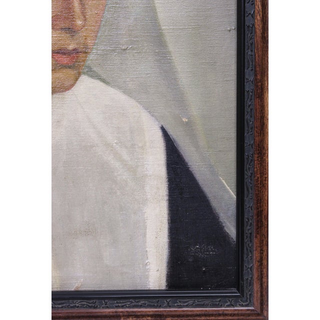 Portraiture Vintage Oil Painting of Nun in Habit Peering to the Side For Sale - Image 3 of 8