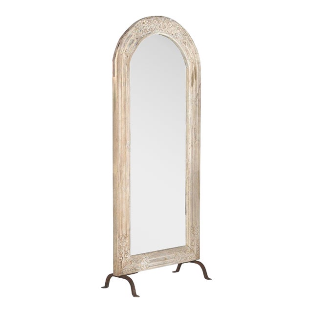 Vintage Indian Carved and Bleached Teakwood Arched Top Mirror on Iron Legs For Sale