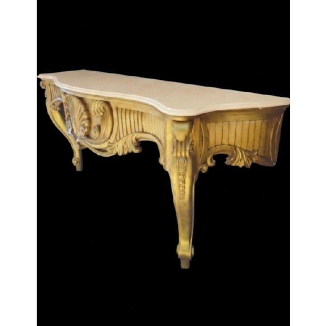 ​Monumental Exquisite Vintage Louis XV Rococo-Style Gilt Wood and Off White Marble-Top Wall-Mounted Console Table For Sale - Image 11 of 12