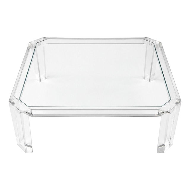 1980s Attributed to Charles Hollis Jones Square Lucite Coffee Table With Glass Top For Sale