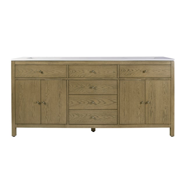 Spritely Home Accent Furniture Nora 72 in. W Quartz and Wood Double Sink 4 Drawer Bathroom Vanity Set, Light Oak For Sale - Image 4 of 12