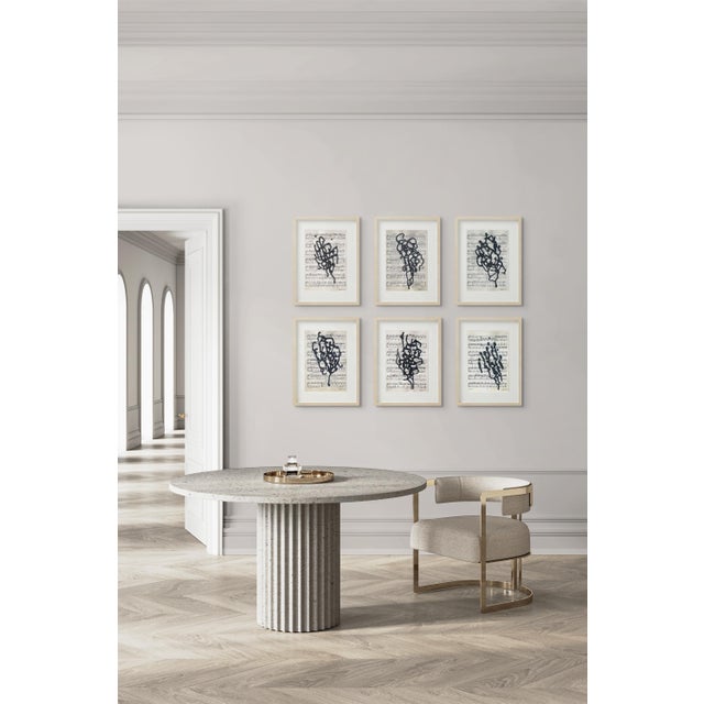 Natural Wood Shadow Box Framed Original Drawings 'Black and White Floral Abstractions on Music Score Sheets' #4 - Wall Gallery Installation - Set of 6 For Sale - Image 11 of 14