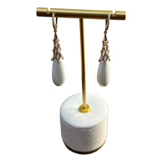 White Agate Cabochon White Pave Diamonds 18 Karat Rose Gold Unique Drop Earrings, A Pair For Sale