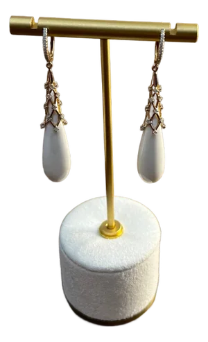 White Agate Cabochon White Pave Diamonds 18 Karat Rose Gold Unique Drop Earrings, A Pair