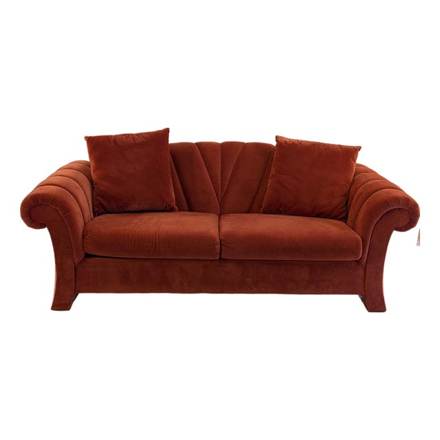 1980s Bernhardt Flair Channel-Tufted Scroll-Arm Terracotta Velvet Loveseat For Sale