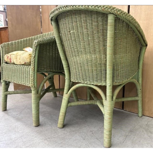 Shabby Chic Late 20th Century Pair of Hollywood Production Sage Green Wicker Tub Armchairs For Sale - Image 3 of 5