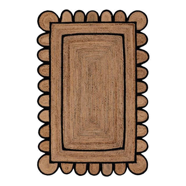 9'x12' Black Trim Jute Scallop Braided Handmade Rug For Sale