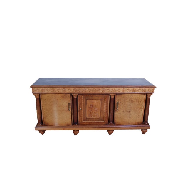 Empire Style Sideboard in Briar with Green Marble Top & Mirror, 1940s, Set of 2 For Sale