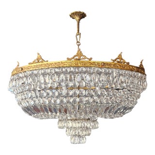 1940 Brass Art Deco Gold Low Plafonnier Crystal Lustre Ceiling Chandelier For Sale