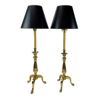 Vintage Brass Slipper Footed Tripod Buffet Table Lamps, a Pair For Sale