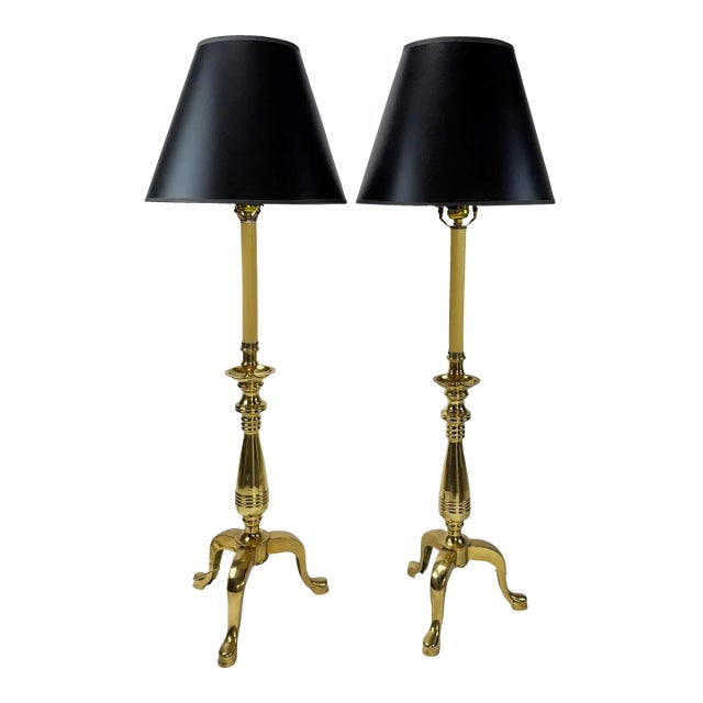 Vintage Brass Tripod Slipper Footed Buffet Table Lamps, a Pair For Sale