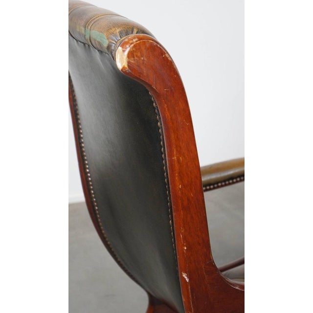 Set of Set of Vintage English Chesterfield Armchairs in Green Cowhide and Wood For Sale - Image 13 of 15