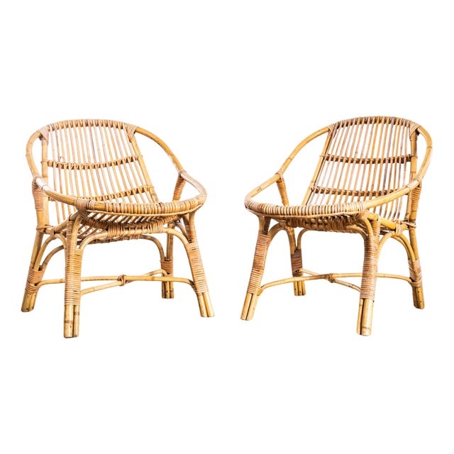 Low French Rattan Armchairs, 1960s, Set of 2 For Sale