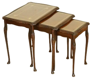 Mahogany Nest of Tables with Queen Anne Style Legs and Leather Top