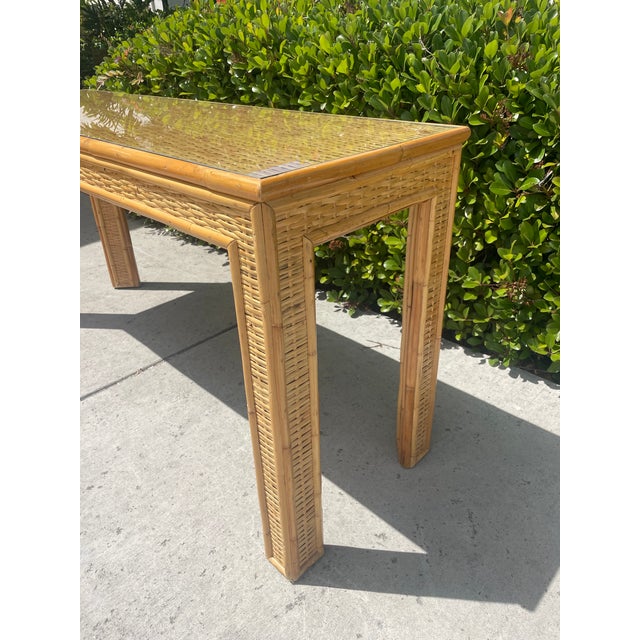 Boho Chic Vintage Coastal Style Wicker Console Table With Glass Top For Sale - Image 3 of 7