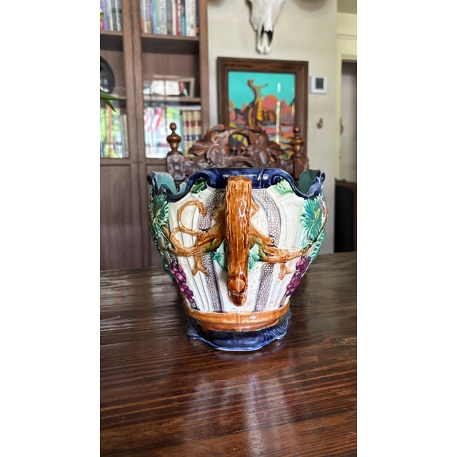 Vintage Majolica Grape Vine Jardinière Planter Cobalt Blue For Sale - Image 9 of 12