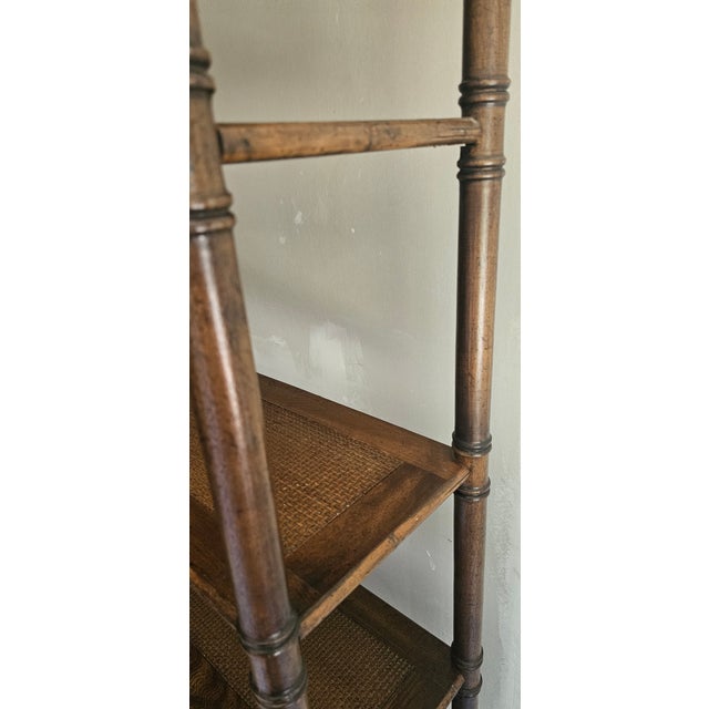 Coffee Mid-Century British Colonial Faux Bambo, Walnut and Woven Reed Estage or Bookcase For Sale - Image 8 of 11