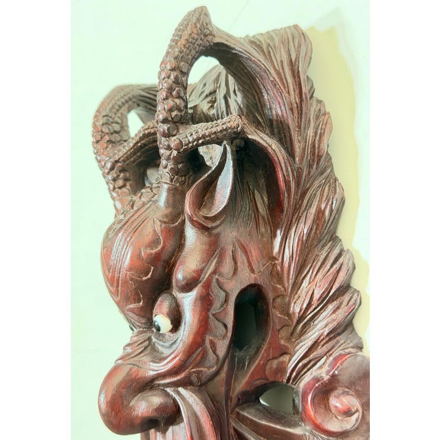 Vintage Indonesian Hand-Carved Horned Guardian Wall Mask With Inset Eyes For Sale - Image 10 of 12