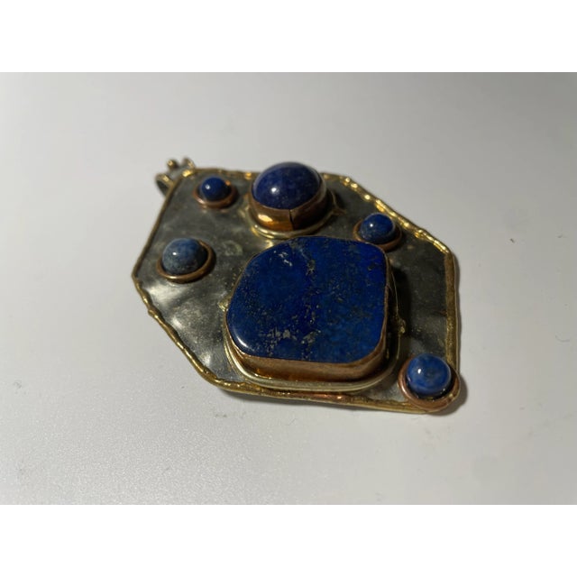 Modern Blue Lapis and Hammered Silver Oversized Pendant For Sale - Image 3 of 4