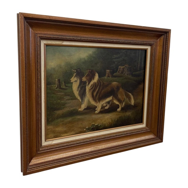 Vintage oil painting depicting two collie dogs standing together in a wooded landscape. The composition features one sable...