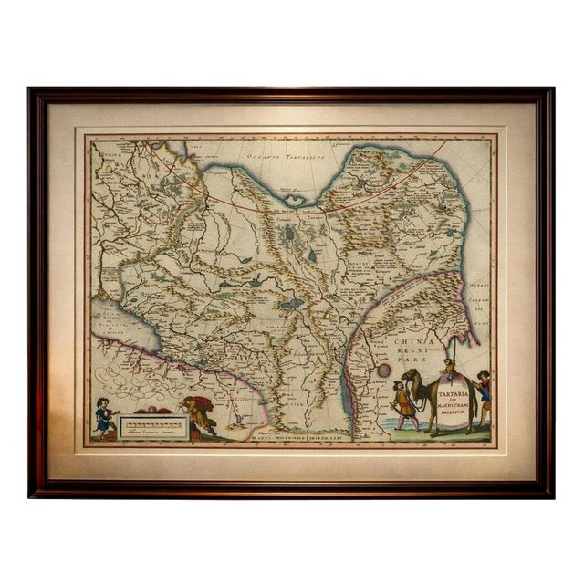 Imperial Tartary Map of Central Asia with Caravan Scene from Blaeu, 1642 For Sale